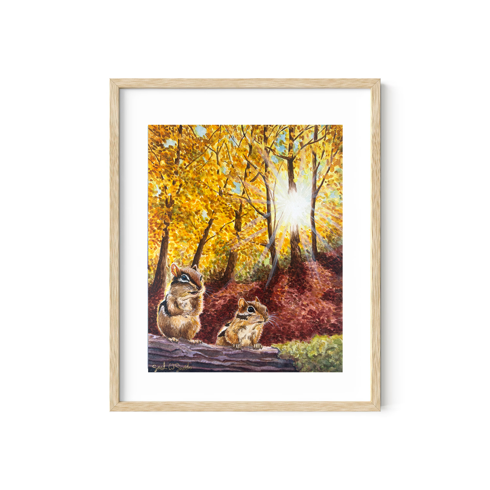 Autumn Leaves Landscape Chipmunks in Fall "Autumn's Amber Light" Watercolor Wall Art Painting By Sarah Webster Smith