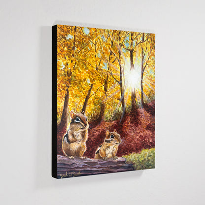 Autumn Leaves Landscape Chipmunks in Fall "Autumn's Amber Light" Watercolor Wall Art Painting By Sarah Webster Smith