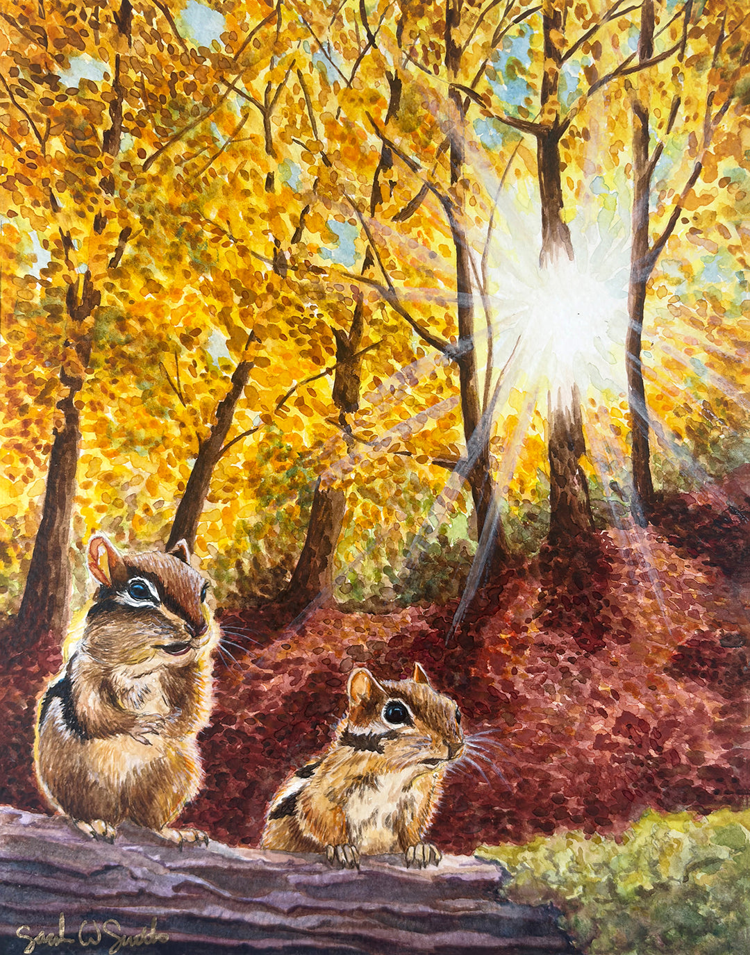 Autumn Leaves Landscape Chipmunks in Fall "Autumn's Amber Light" Watercolor Wall Art Painting By Sarah Webster Smith