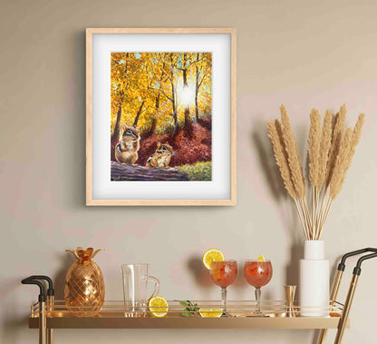 Autumn Leaves Landscape Chipmunks in Fall "Autumn's Amber Light" Watercolor Wall Art Print By Sarah Webster Smith