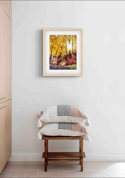Autumn Leaves Landscape Chipmunks in Fall "Autumn's Amber Light" Watercolor Wall Art Print By Sarah Webster Smith