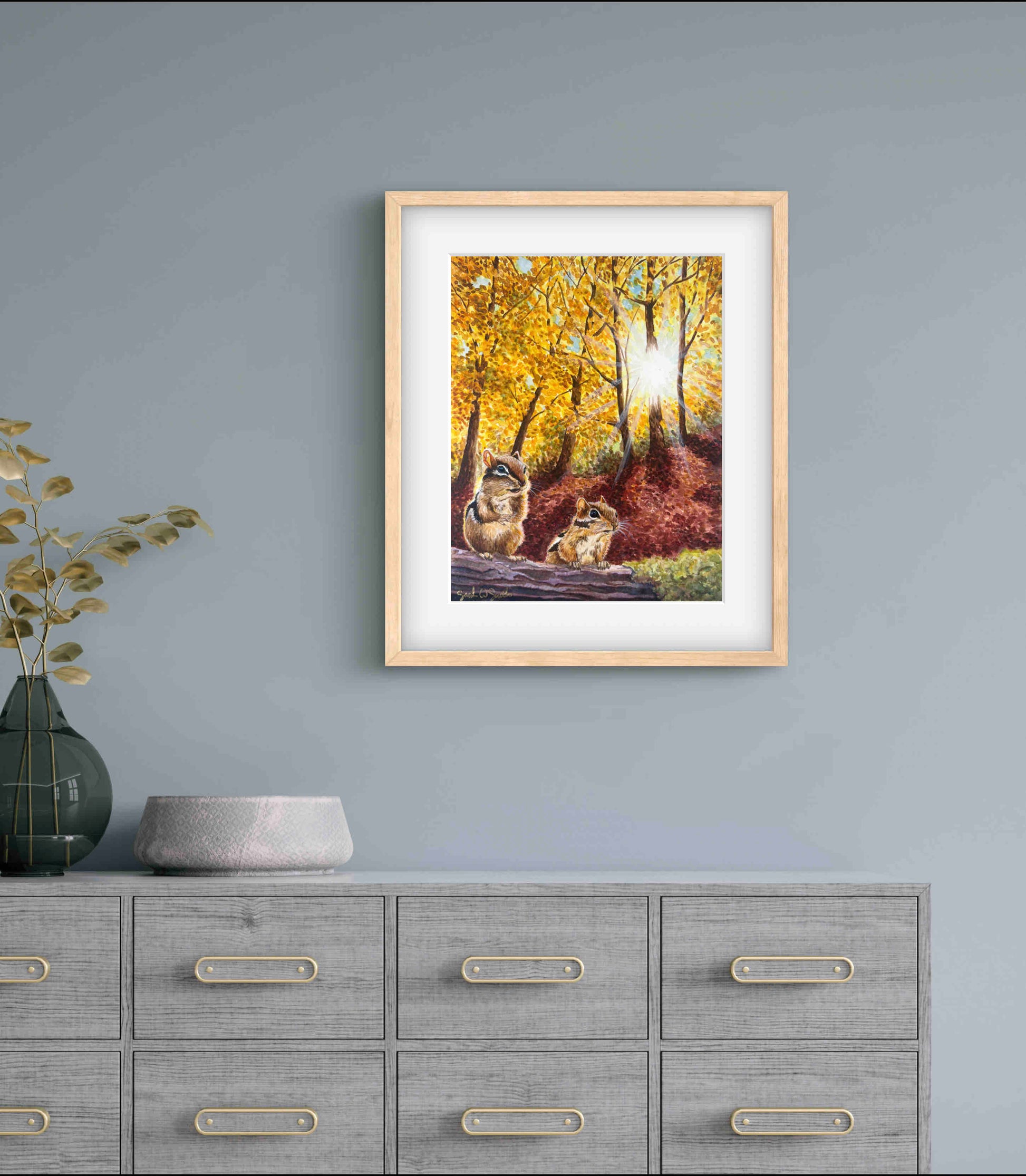 Autumn Leaves Landscape Chipmunks in Fall "Autumn's Amber Light" Watercolor Wall Art Print By Sarah Webster Smith