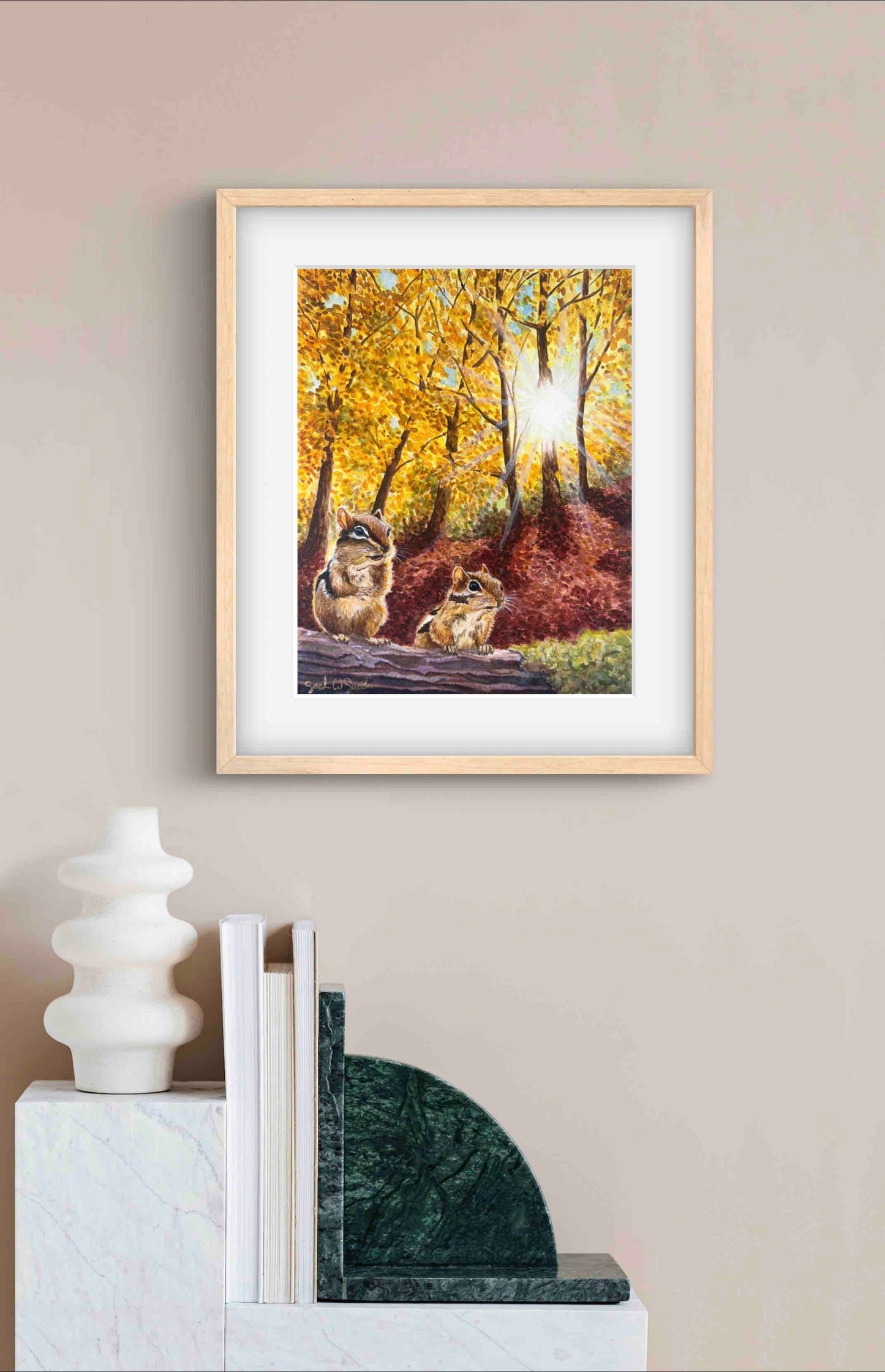 Autumn Leaves Landscape Chipmunks in Fall "Autumn's Amber Light" Watercolor Wall Art Print By Sarah Webster Smith