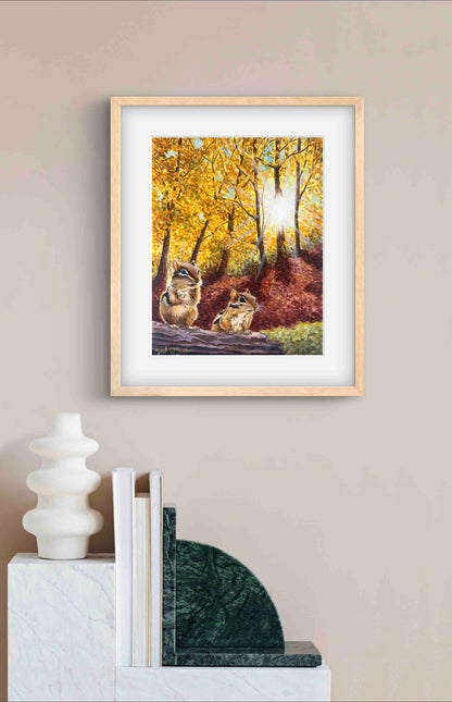 Autumn Leaves Landscape Chipmunks in Fall "Autumn's Amber Light" Watercolor Wall Art Print By Sarah Webster Smith