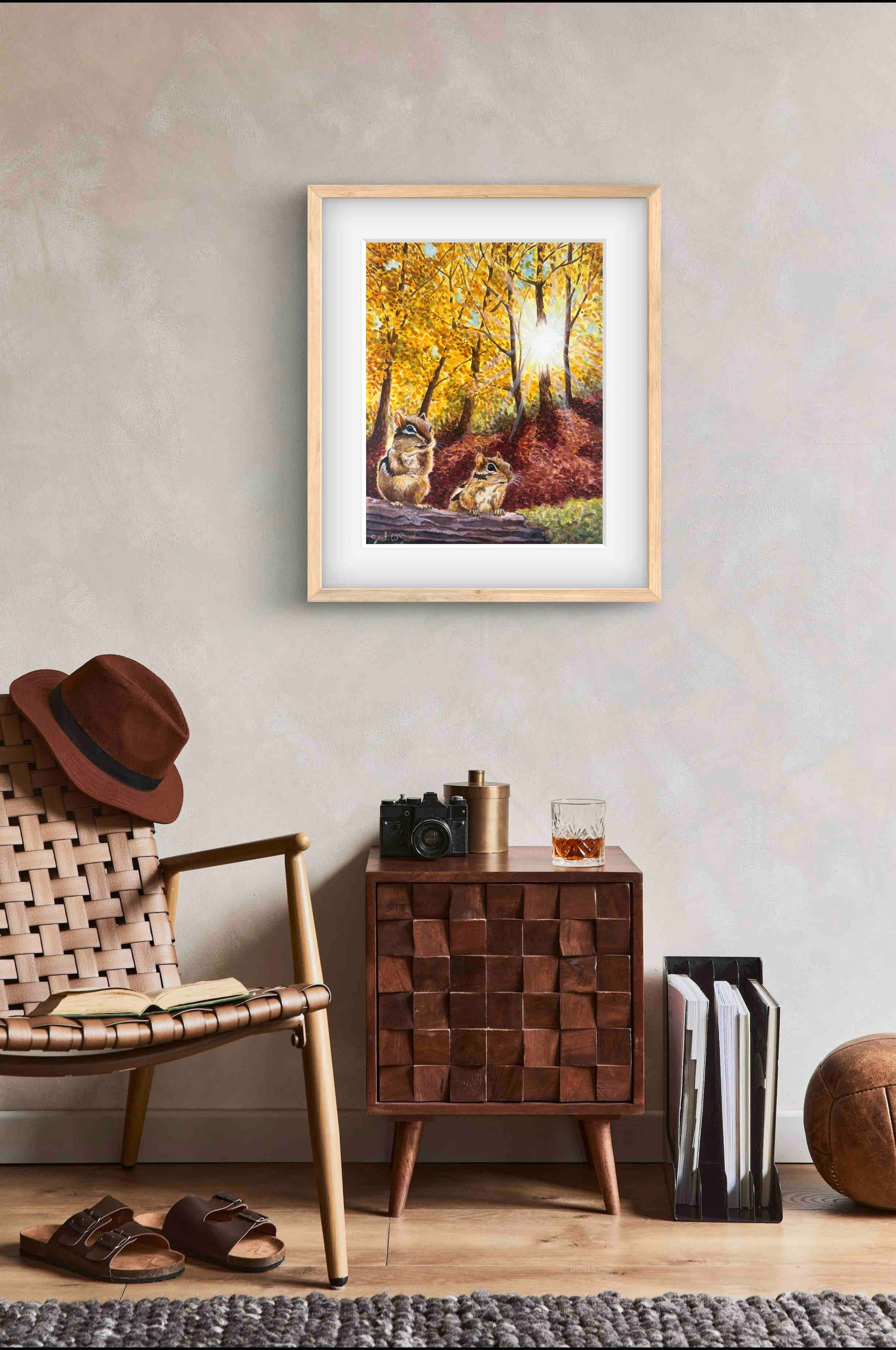 Autumn Leaves Landscape Chipmunks in Fall "Autumn's Amber Light" Watercolor Wall Art Print By Sarah Webster Smith