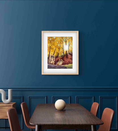 Autumn Leaves Landscape Chipmunks in Fall "Autumn's Amber Light" Watercolor Wall Art Print By Sarah Webster Smith