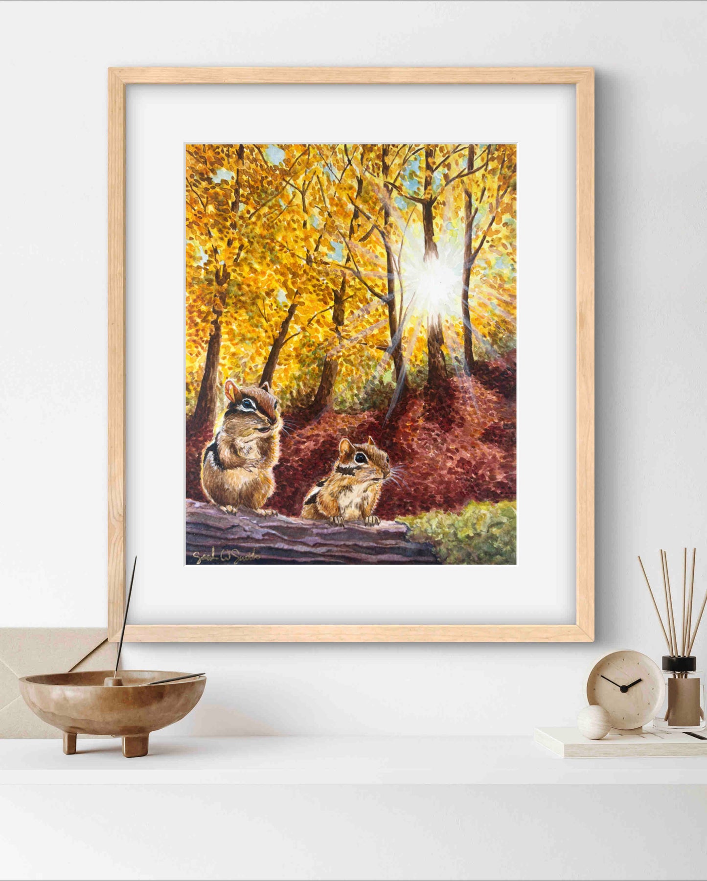 Autumn Leaves Landscape Chipmunks in Fall "Autumn's Amber Light" Watercolor Wall Art Print By Sarah Webster Smith