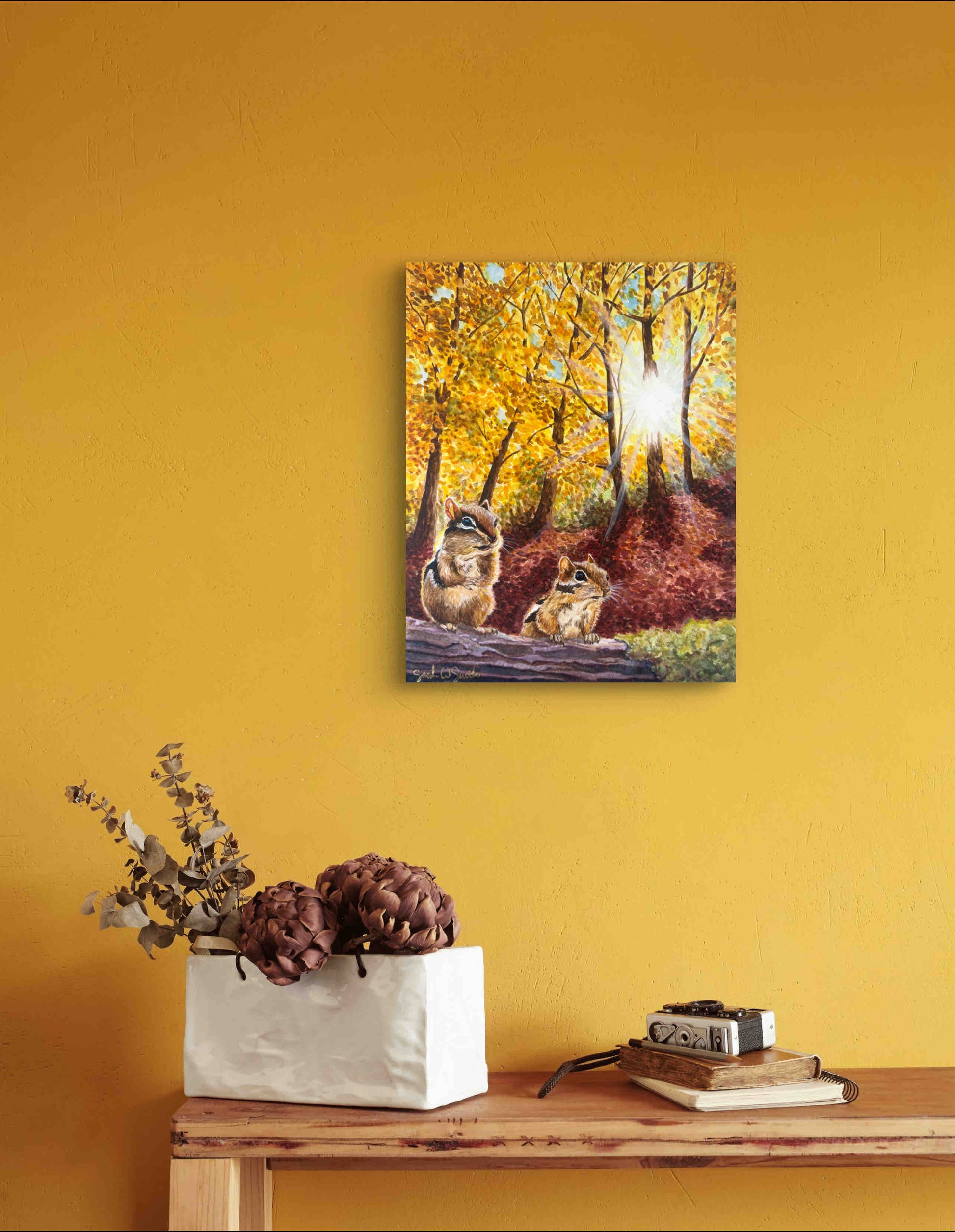 Autumn Leaves Landscape Chipmunks in Fall "Autumn's Amber Light" Watercolor Wall Art Painting By Sarah Webster Smith