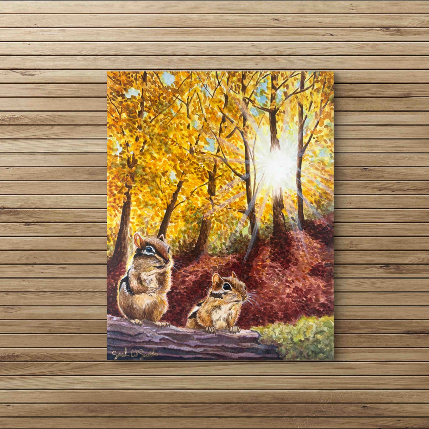 Autumn Leaves Landscape Chipmunks in Fall "Autumn's Amber Light" Watercolor Wall Art Painting By Sarah Webster Smith