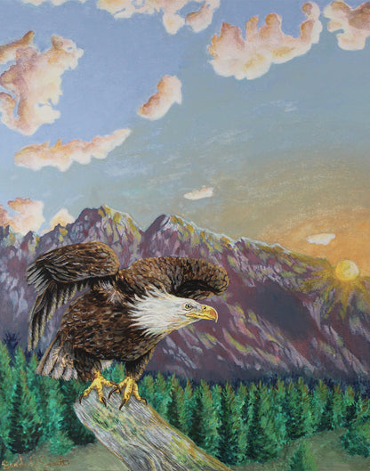 American Bald Eagle Decorative Sunrise Painting "Mountain's Majesty"  Wall Art Prints By Sarah Webster Smith