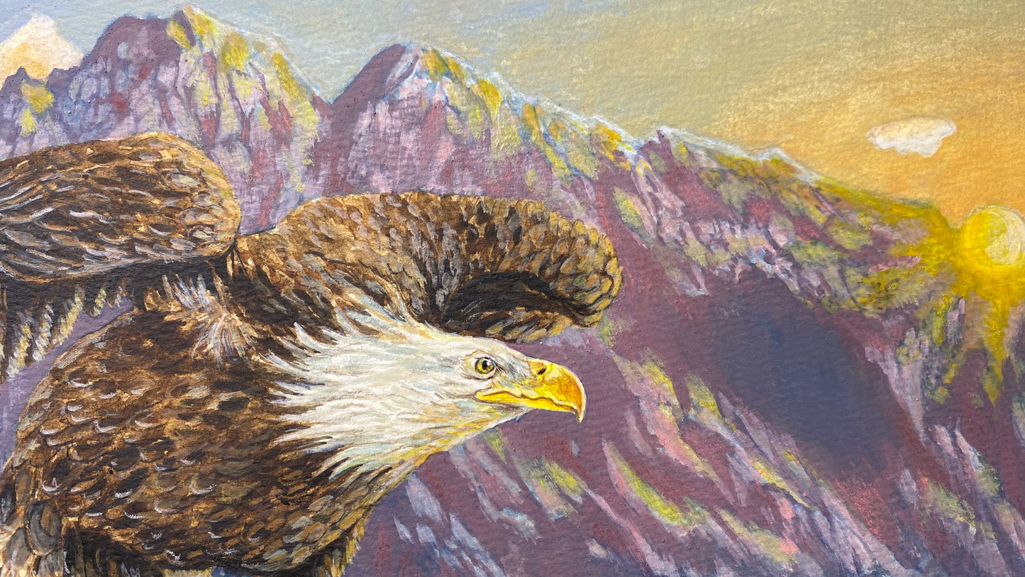 American Bald Eagle Decorative Sunrise Painting "Mountain's Majesty"  Wall Art Prints By Sarah Webster Smith
