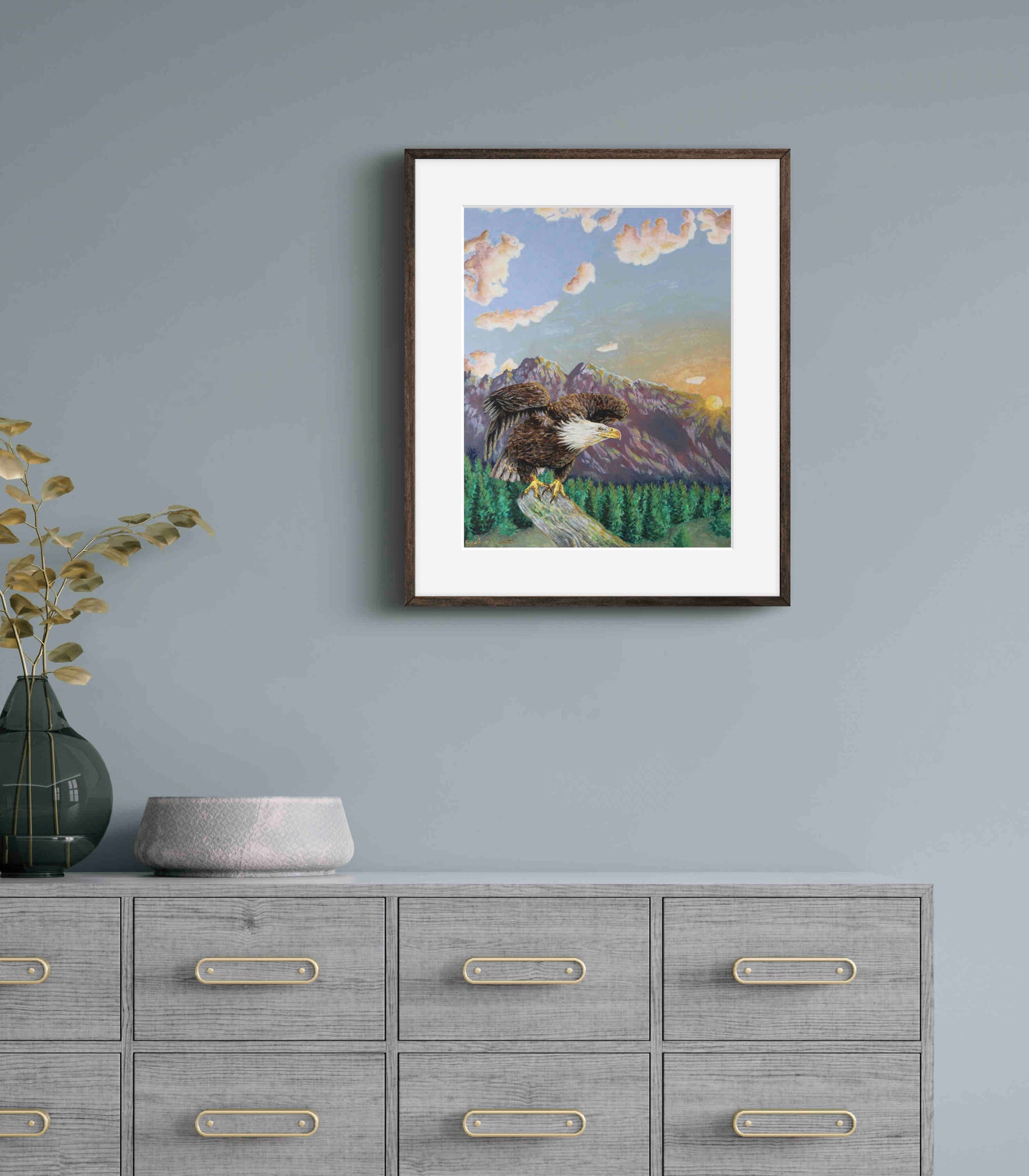 American Bald Eagle Decorative Sunrise Painting "Mountain's Majesty"  Wall Art Prints By Sarah Webster Smith