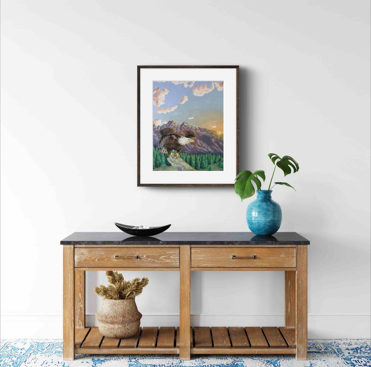American Bald Eagle Decorative Sunrise Painting "Mountain's Majesty"  Wall Art Prints By Sarah Webster Smith