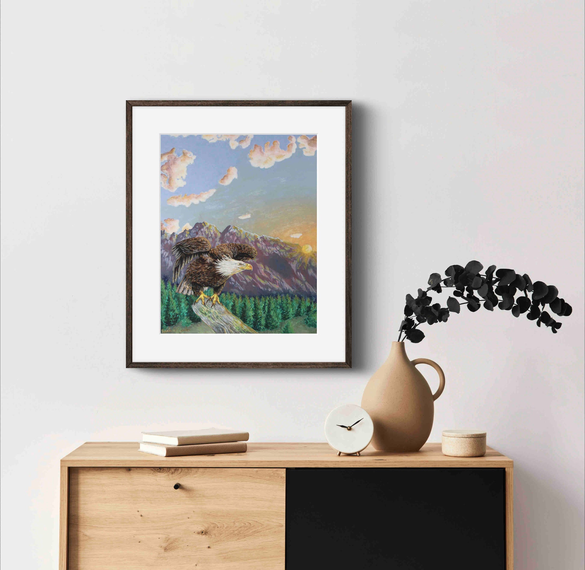 American Bald Eagle Decorative Sunrise Painting "Mountain's Majesty"  Wall Art Prints By Sarah Webster Smith