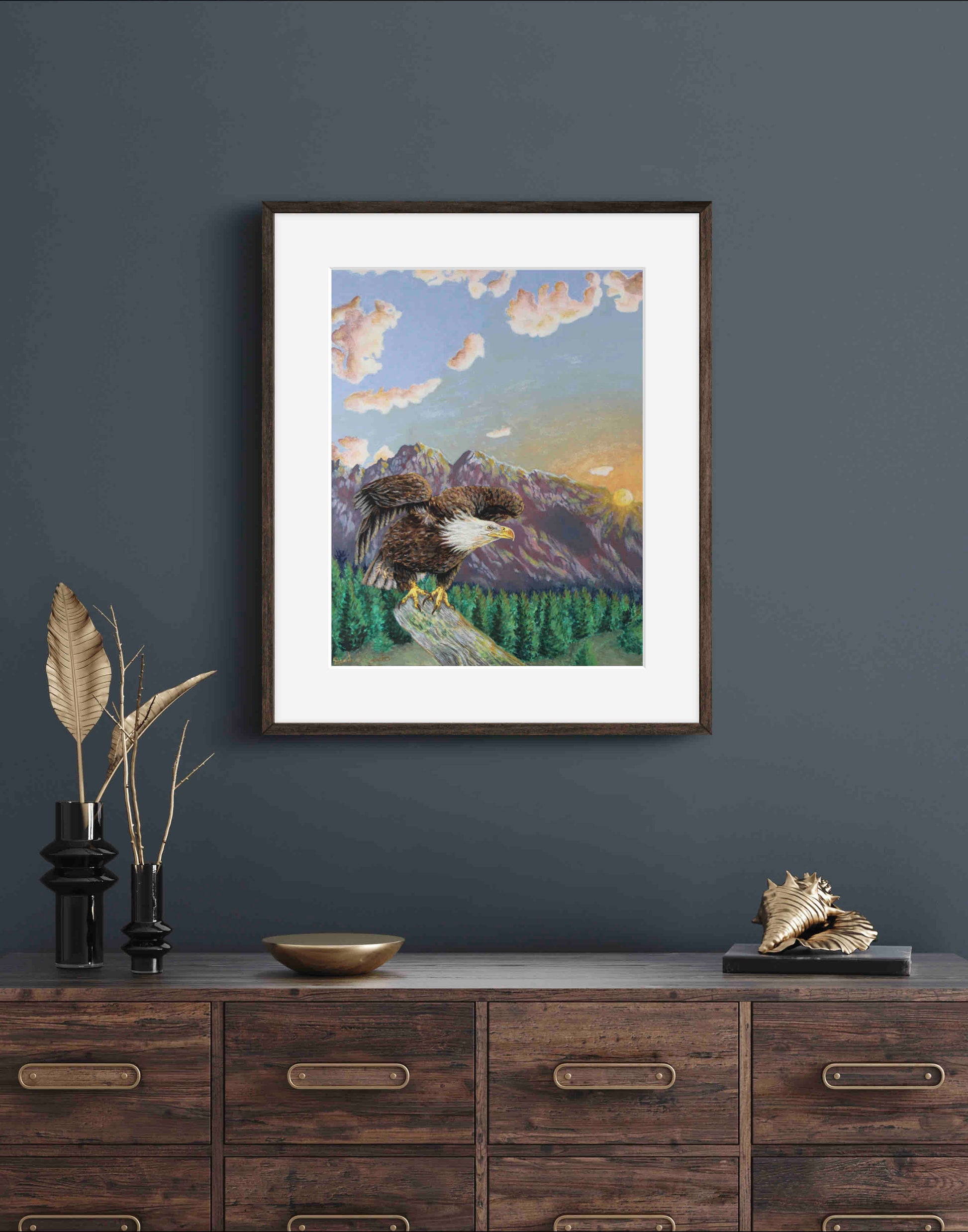 American Bald Eagle Decorative Sunrise Painting "Mountain's Majesty"  Wall Art Prints By Sarah Webster Smith