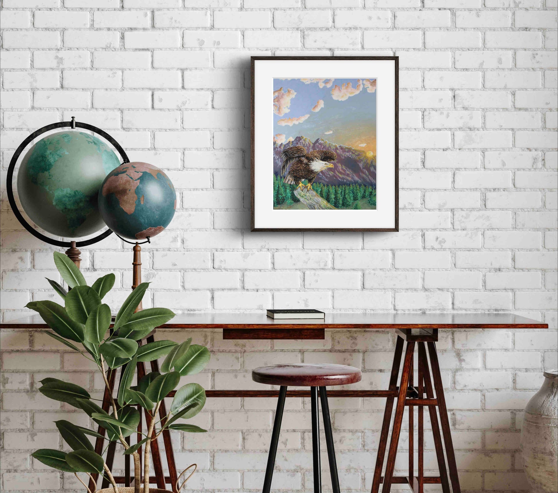 American Bald Eagle Decorative Sunrise Painting "Mountain's Majesty"  Wall Art Prints By Sarah Webster Smith