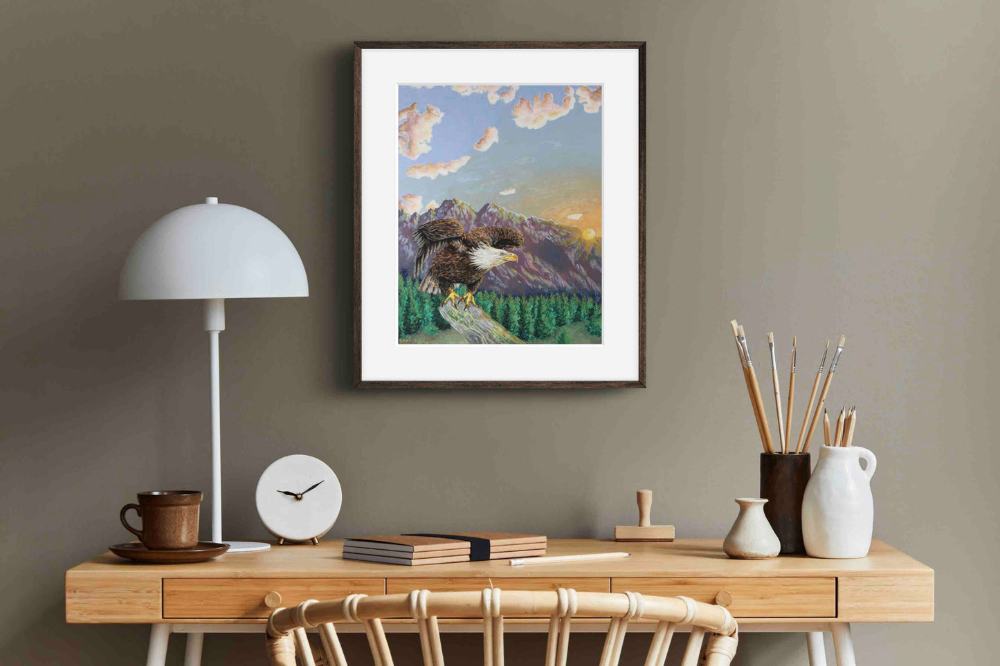 American Bald Eagle Decorative Sunrise Painting "Mountain's Majesty"  Wall Art Prints By Sarah Webster Smith