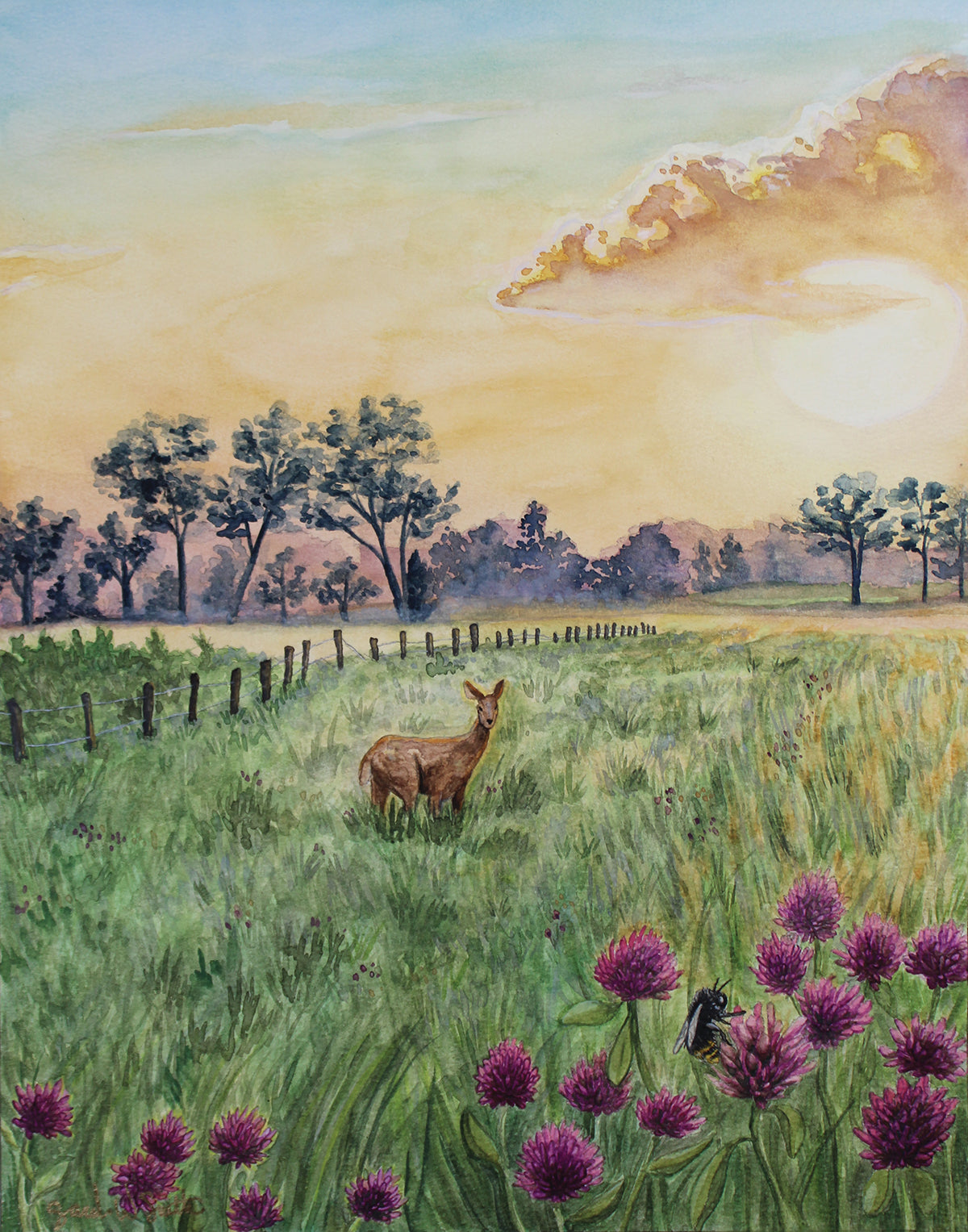 Deer in Meadow Landscape Wild Flowers at Dawn "Morning's Gentle Whisper" Original Watercolor Wall Art By Sarah Webster Smith