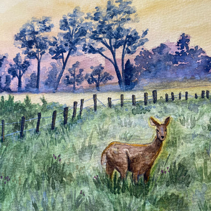 Deer in Meadow Landscape Wild Flowers at Dawn "Morning's Gentle Whisper" Watercolor Wall Art Prints By Sarah Webster Smith