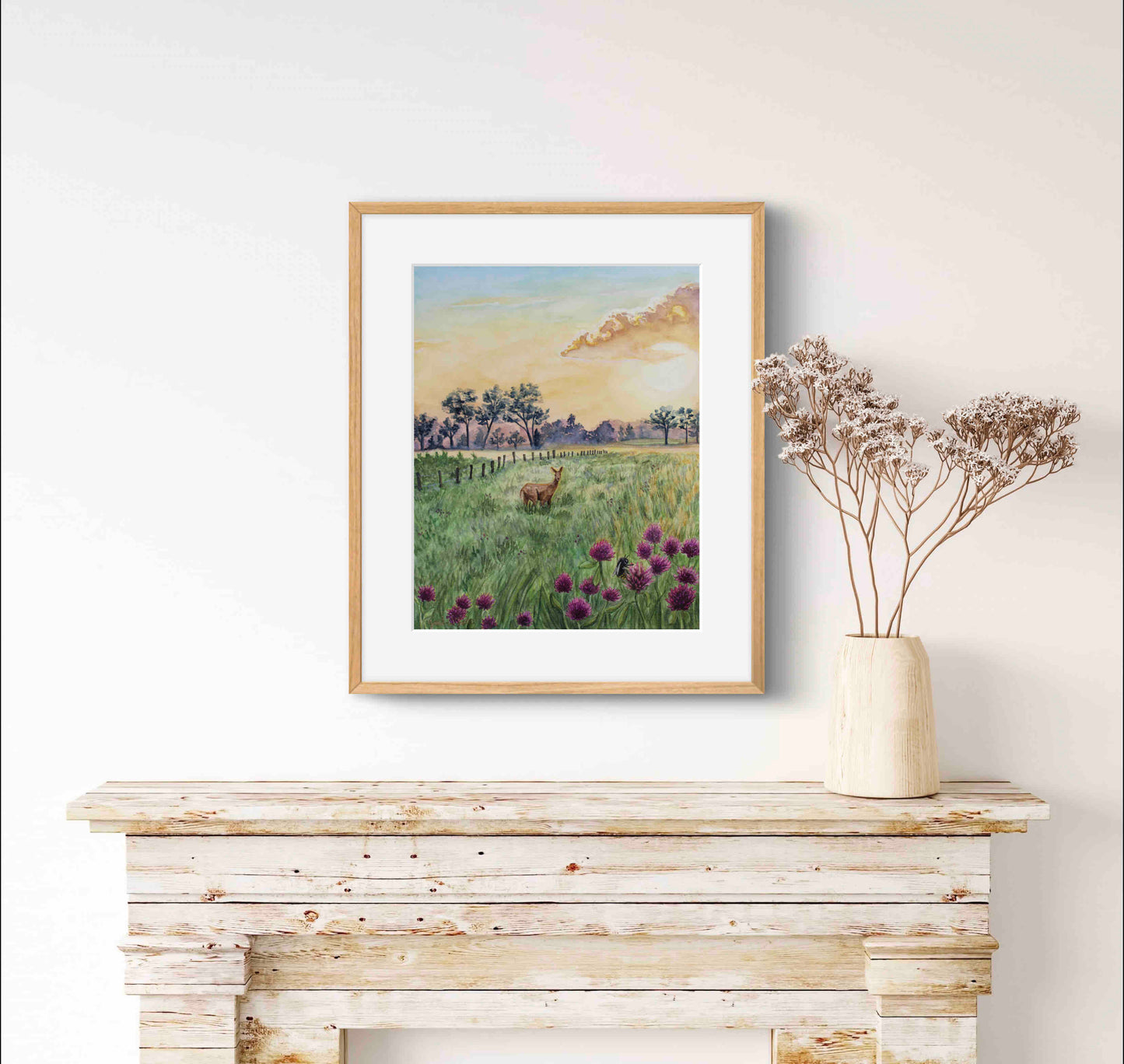 Deer in Meadow Landscape Wild Flowers at Dawn "Morning's Gentle Whisper" Watercolor Wall Art Prints By Sarah Webster Smith