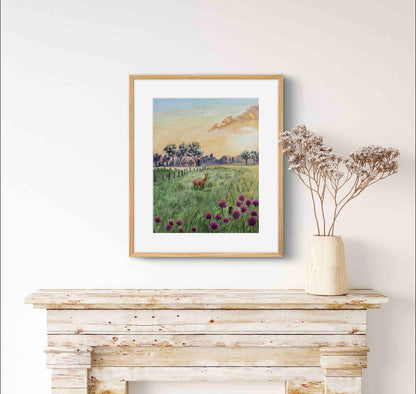 Deer in Meadow Landscape Wild Flowers at Dawn "Morning's Gentle Whisper" Watercolor Wall Art Prints By Sarah Webster Smith