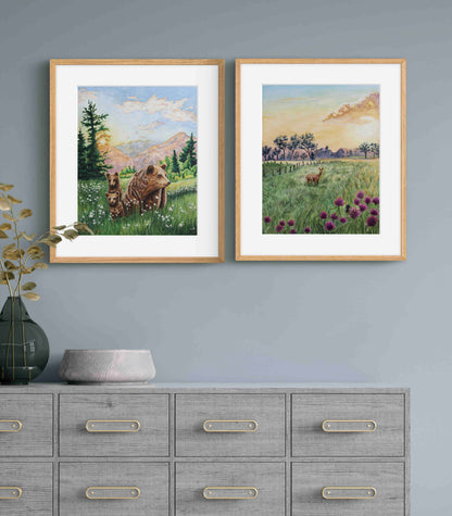 Deer in Meadow Landscape Wild Flowers at Dawn "Morning's Gentle Whisper" Watercolor Wall Art Prints By Sarah Webster Smith