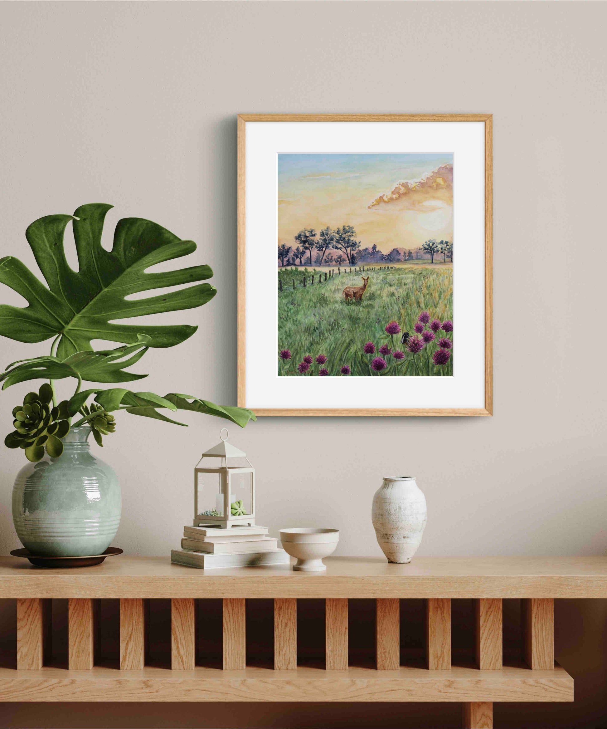 Deer in Meadow Landscape Wild Flowers at Dawn "Morning's Gentle Whisper" Watercolor Wall Art Prints By Sarah Webster Smith