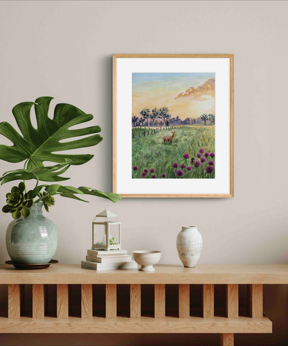 Deer in Meadow Landscape Wild Flowers at Dawn "Morning's Gentle Whisper" Watercolor Wall Art Prints By Sarah Webster Smith
