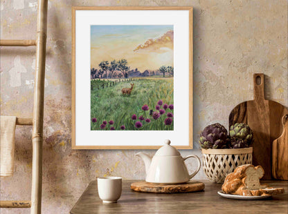 Deer in Meadow Landscape Wild Flowers at Dawn "Morning's Gentle Whisper" Watercolor Wall Art Prints By Sarah Webster Smith