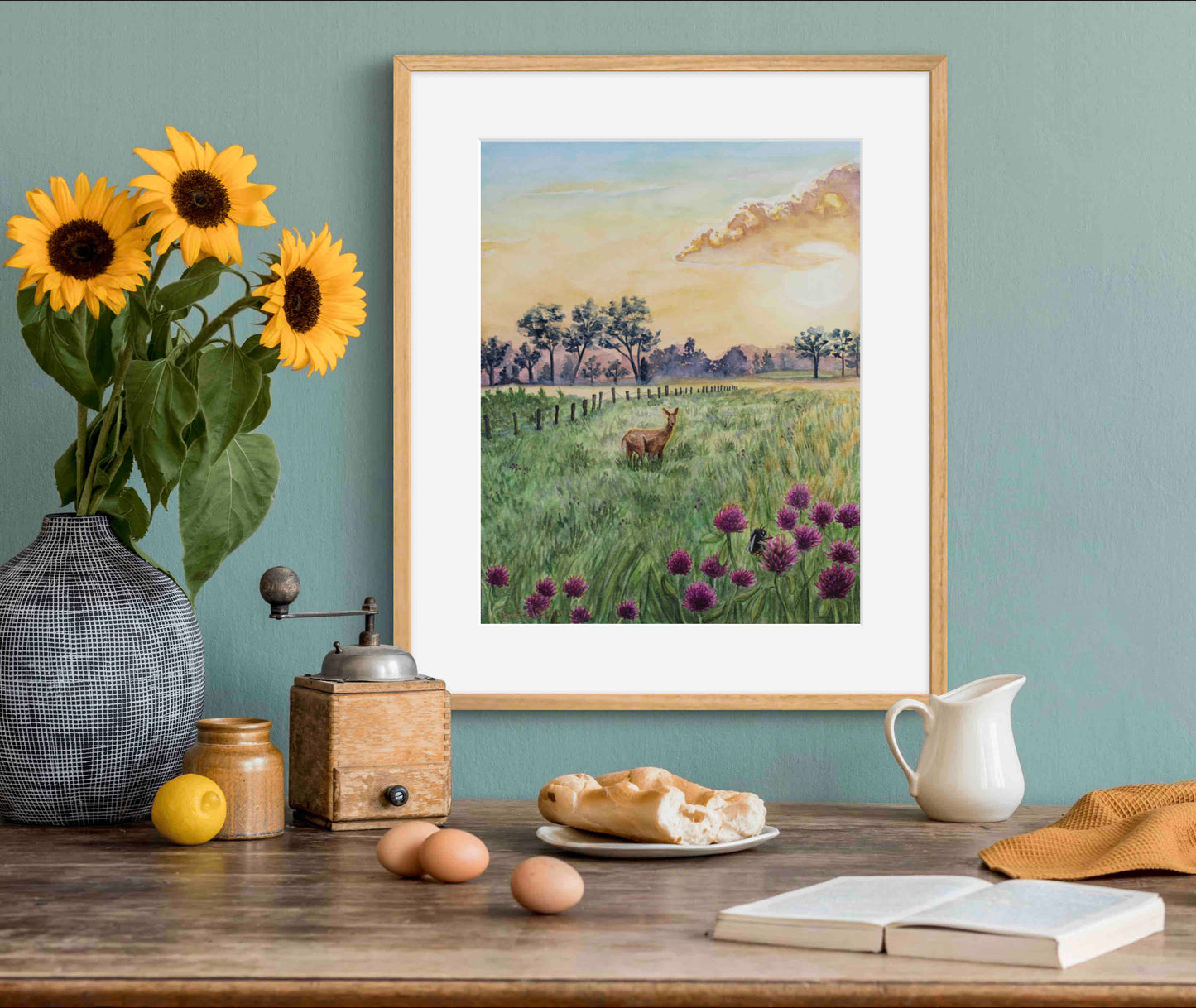Deer in Meadow Landscape Wild Flowers at Dawn "Morning's Gentle Whisper" Watercolor Wall Art Prints By Sarah Webster Smith