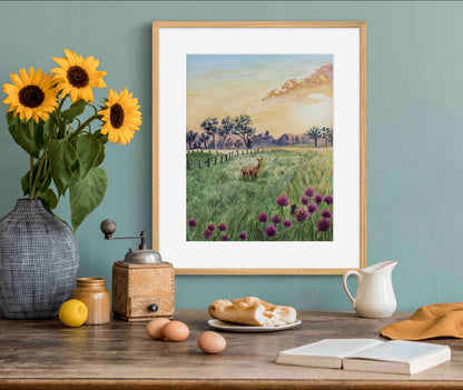 Deer in Meadow Landscape Wild Flowers at Dawn "Morning's Gentle Whisper" Watercolor Wall Art Prints By Sarah Webster Smith