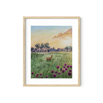 Deer in Meadow Landscape Wild Flowers at Dawn "Morning's Gentle Whisper" Watercolor Wall Art Prints By Sarah Webster Smith