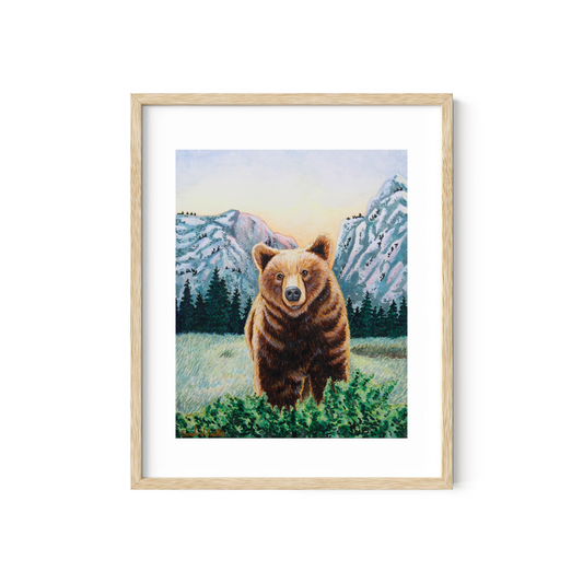 Grizzly Bear with Mountains Watercolor Painting Animal Art  "Soulful Sentinel" Wall Art Prints by Sarah Webster Smith LLC