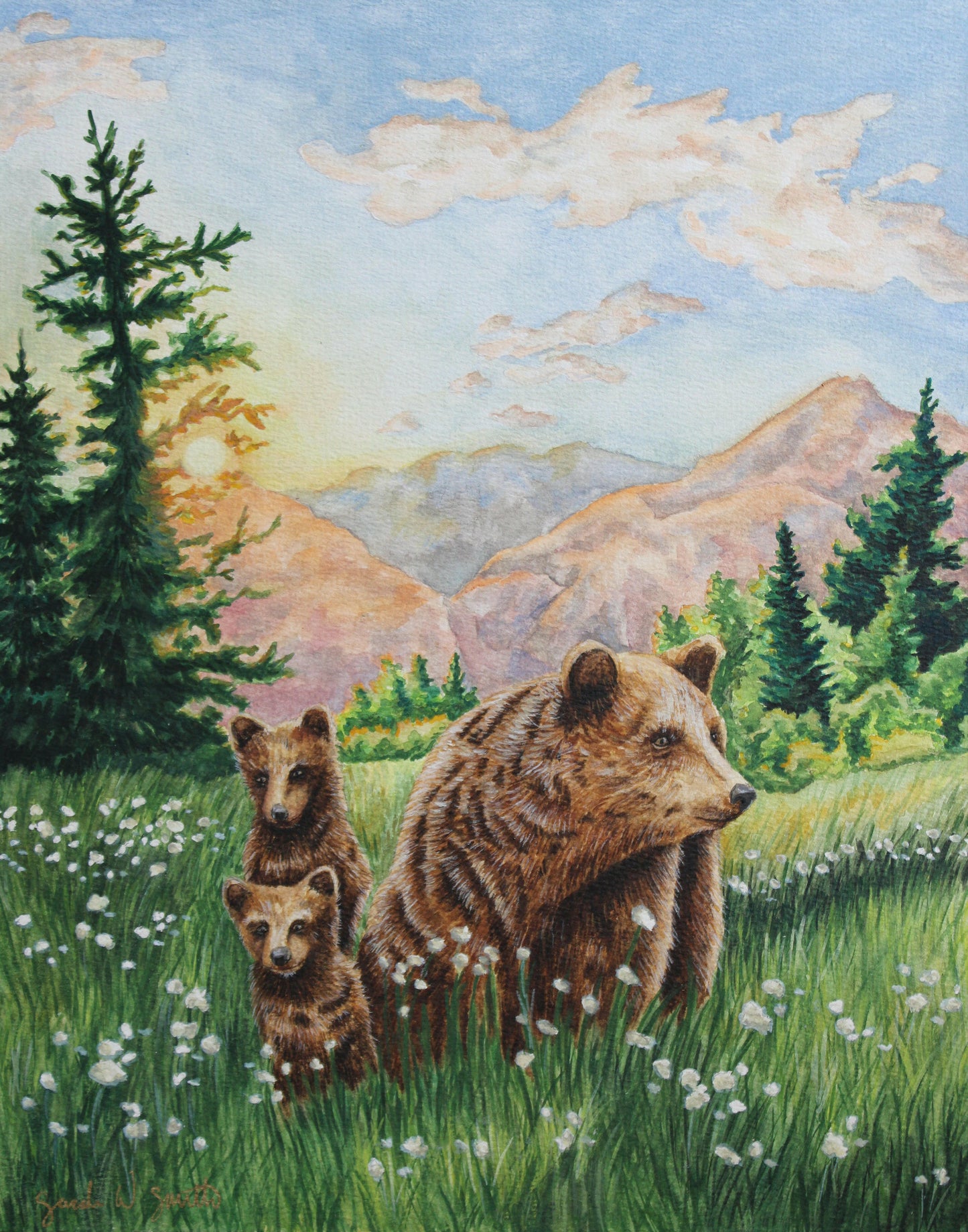 Grizzly Bear Animal Mama Bear in  Meadow "Mountain Echoes" Original Watercolor Wall Art By Sarah Webster Smith