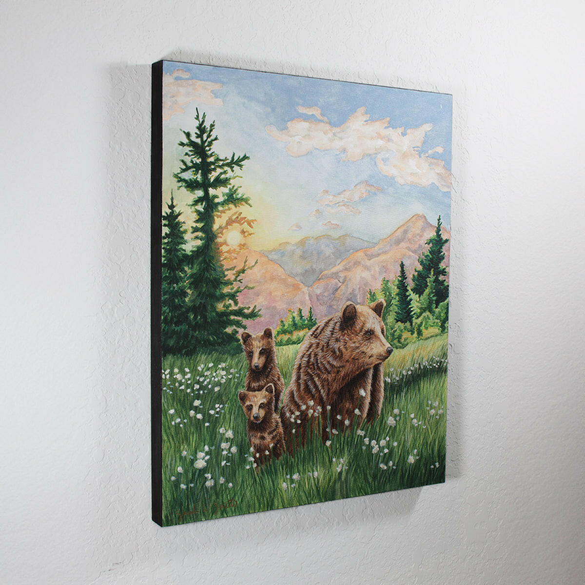 Grizzly Bear Animal Mama Bear in  Meadow "Mountain Echoes" Original Watercolor Wall Art By Sarah Webster Smith