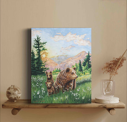 Grizzly Bear Animal Mama Bear in  Meadow "Mountain Echoes" Original Watercolor Wall Art By Sarah Webster Smith
