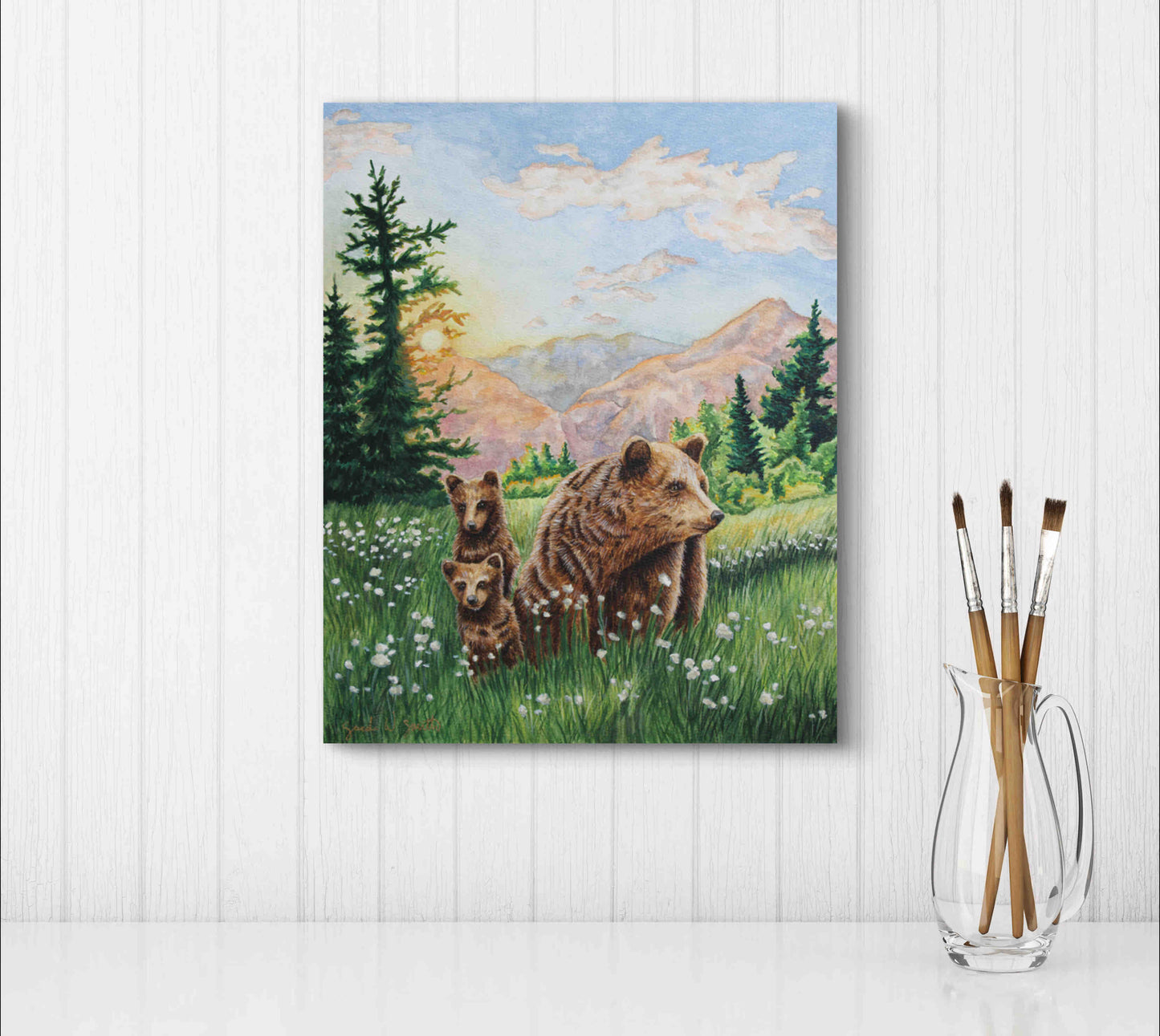 Grizzly Bear Animal Mama Bear in  Meadow "Mountain Echoes" Original Watercolor Wall Art By Sarah Webster Smith