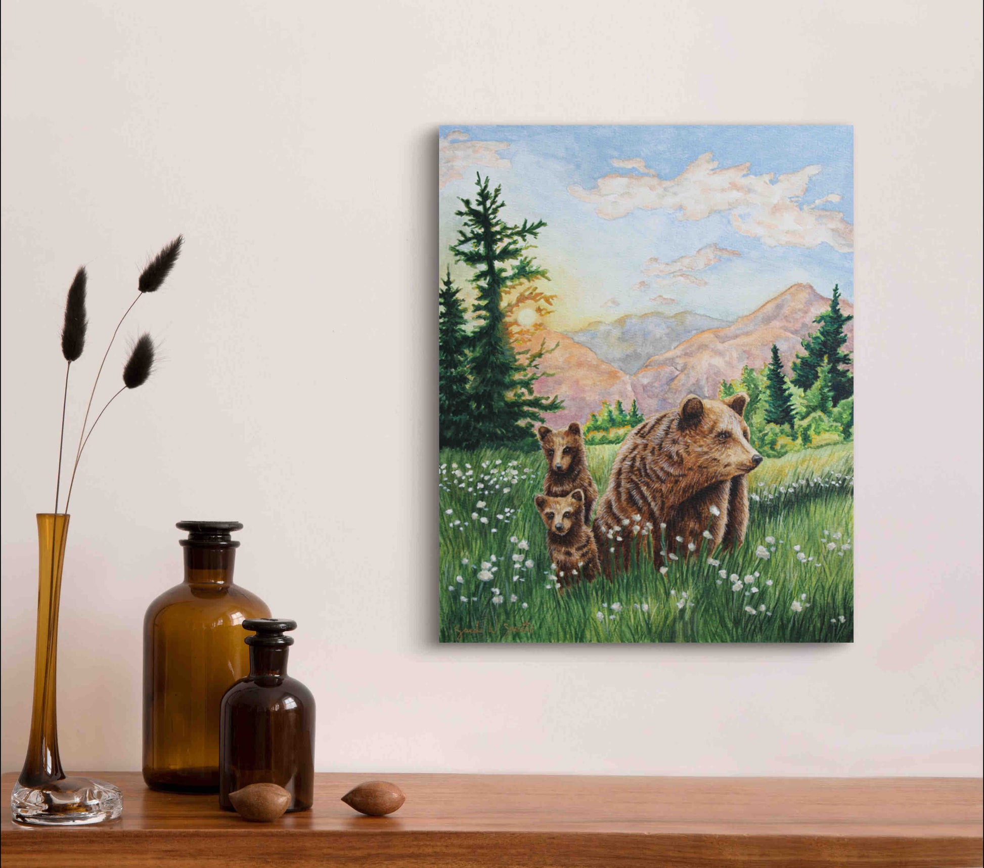 Grizzly Bear Animal Mama Bear in  Meadow "Mountain Echoes" Original Watercolor Wall Art By Sarah Webster Smith