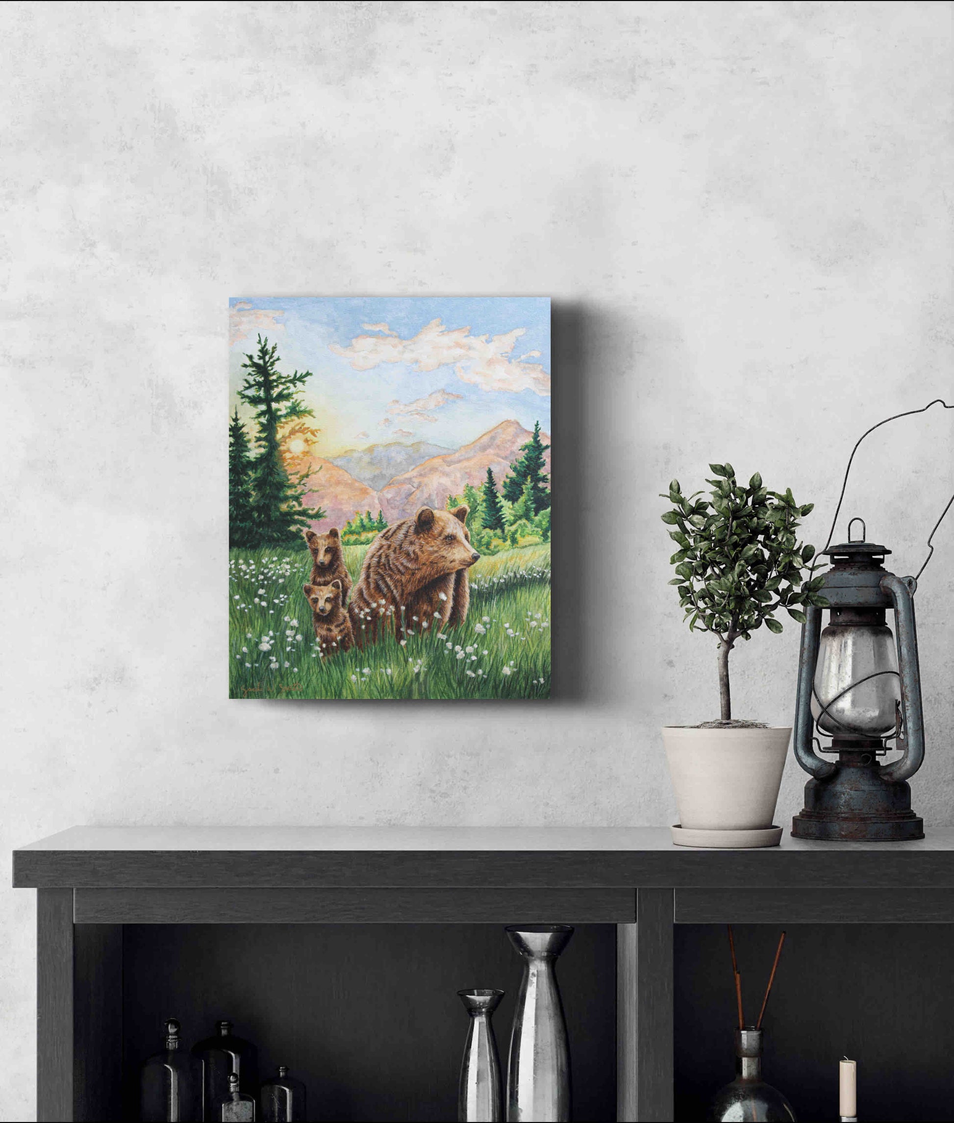 Grizzly Bear Animal Mama Bear in  Meadow "Mountain Echoes" Original Watercolor Wall Art By Sarah Webster Smith
