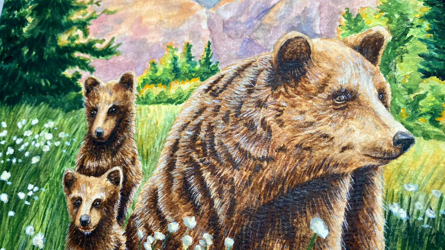 Grizzly Bear Animal Mama Bear in  Meadow "Mountain Echoes" Original Watercolor Wall Art By Sarah Webster Smith