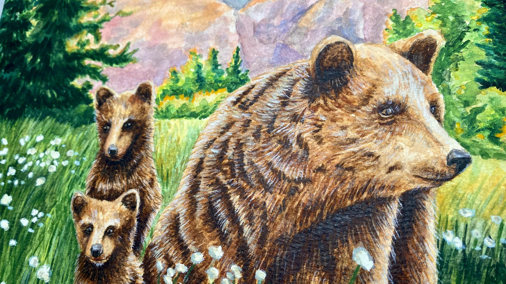Grizzly Bear Animal Mama Bear in  Meadow "Mountain Echoes" Original Watercolor Wall Art By Sarah Webster Smith