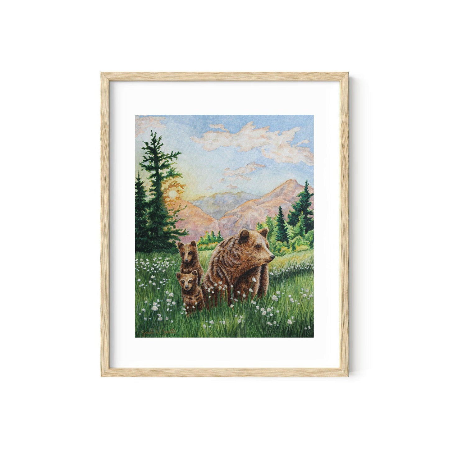 Grizzly Bear Animal Watercolor Meadow "Mountain Echoes" Wall Art Prints By Sarah Webster Smith