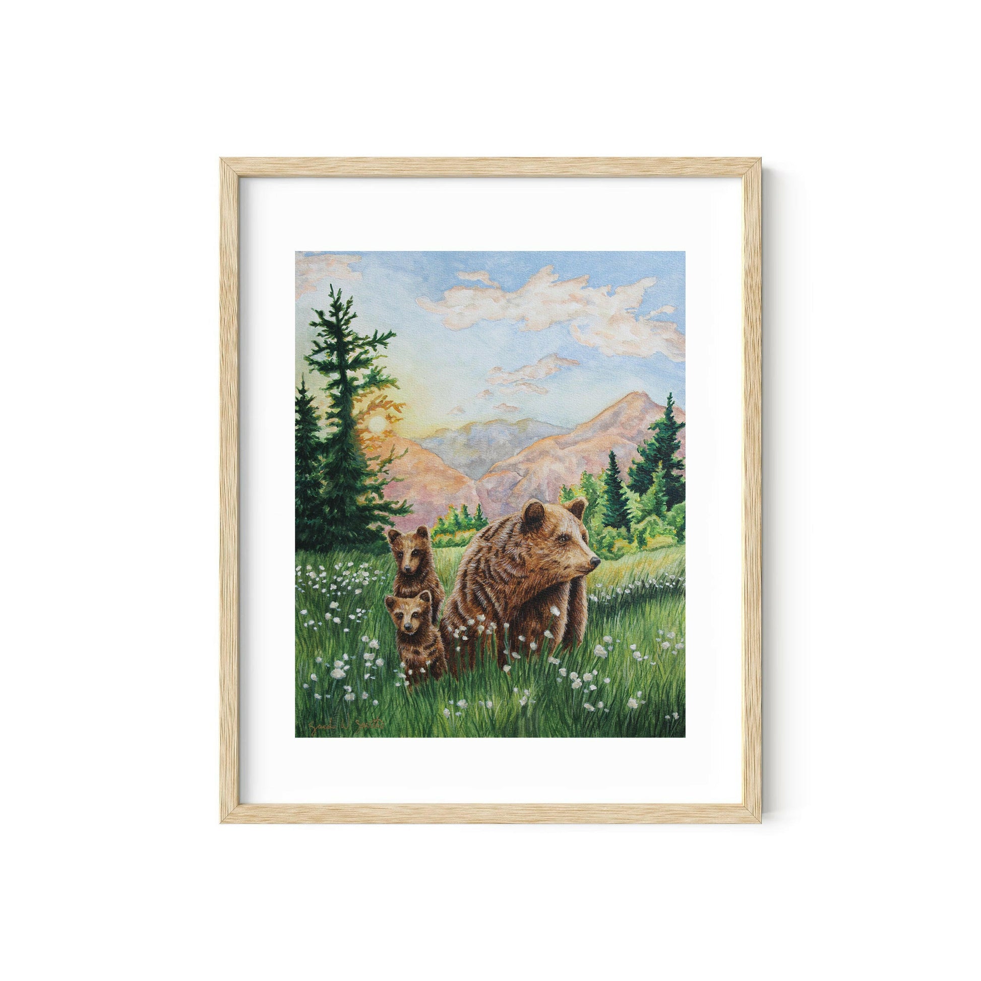 Grizzly Bear Animal Watercolor Meadow "Mountain Echoes" Wall Art Prints By Sarah Webster Smith