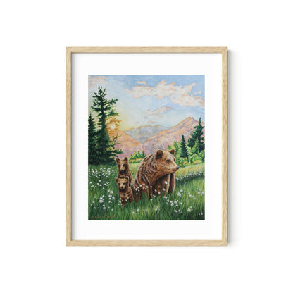 Grizzly Bear Animal Watercolor Meadow "Mountain Echoes" Wall Art Prints By Sarah Webster Smith