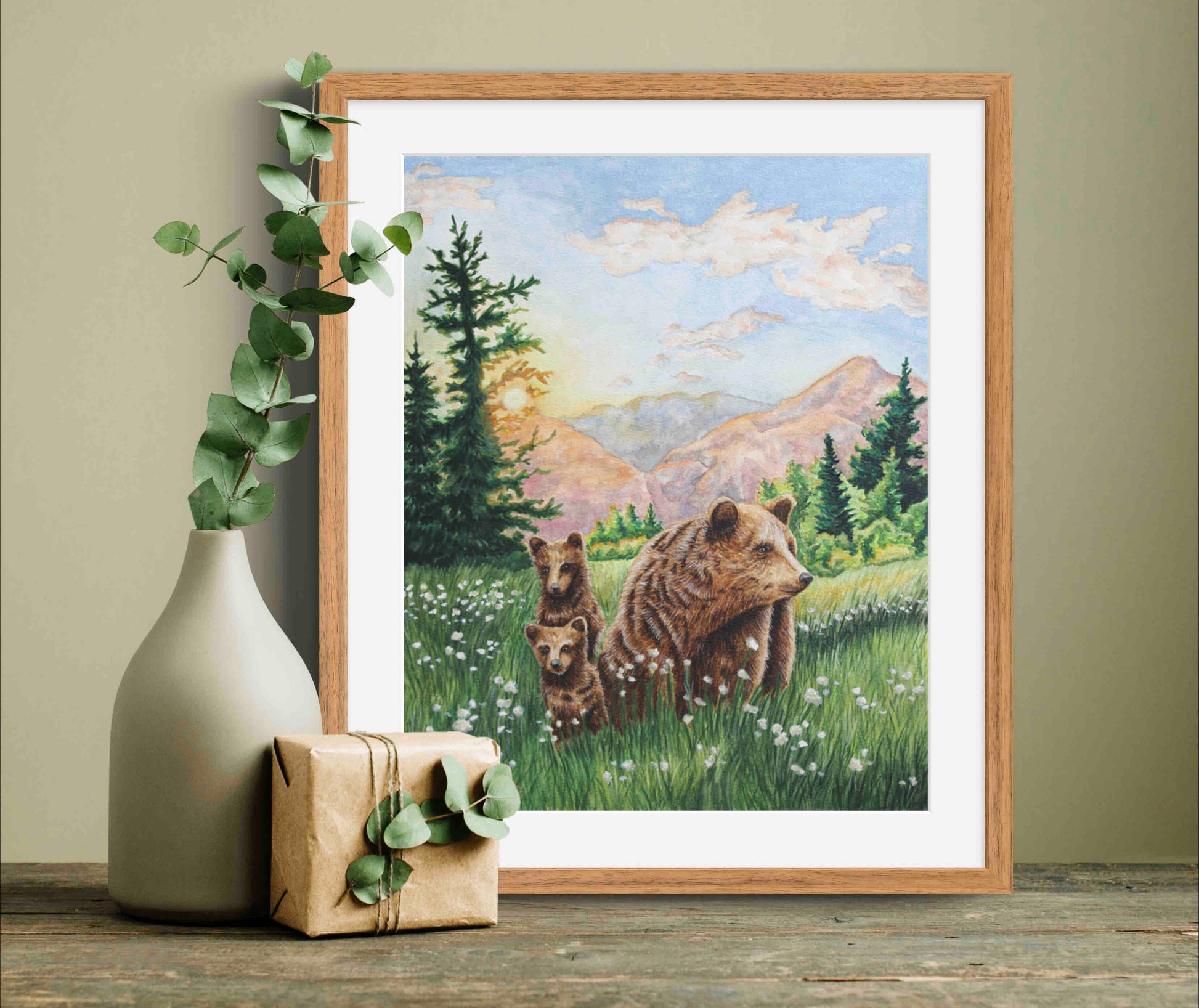 Grizzly Bear Animal Watercolor Meadow "Mountain Echoes" Wall Art Prints By Sarah Webster Smith