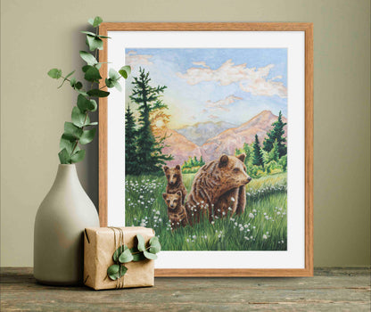 Grizzly Bear Animal Watercolor Meadow "Mountain Echoes" Wall Art Prints By Sarah Webster Smith