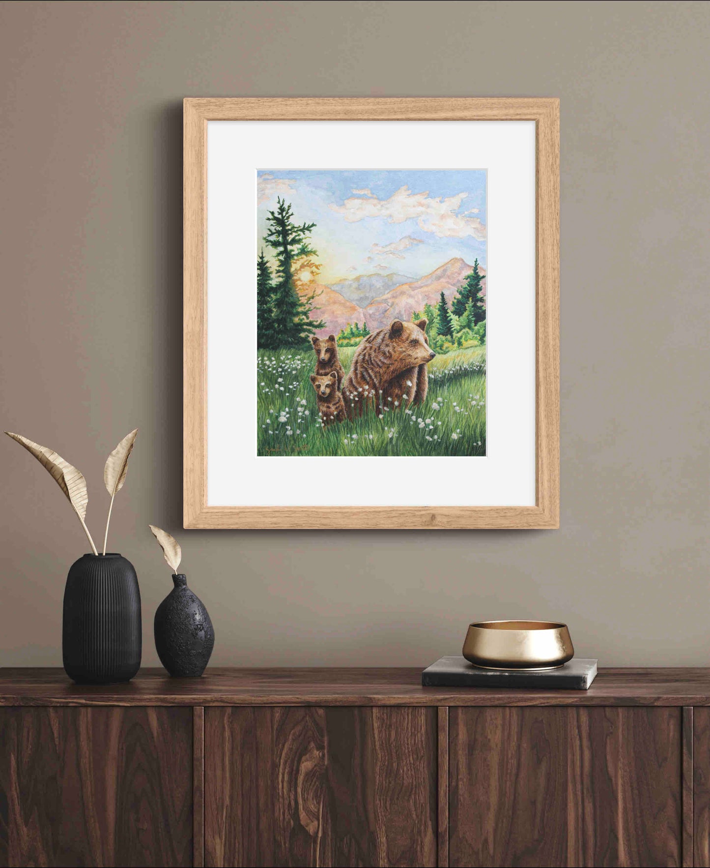 Grizzly Bear Animal Watercolor Meadow "Mountain Echoes" Wall Art Prints By Sarah Webster Smith
