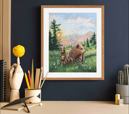 Grizzly Bear Animal Watercolor Meadow "Mountain Echoes" Wall Art Prints By Sarah Webster Smith