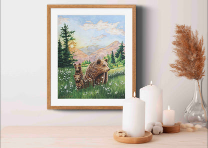 Grizzly Bear Animal Watercolor Meadow "Mountain Echoes" Wall Art Prints By Sarah Webster Smith