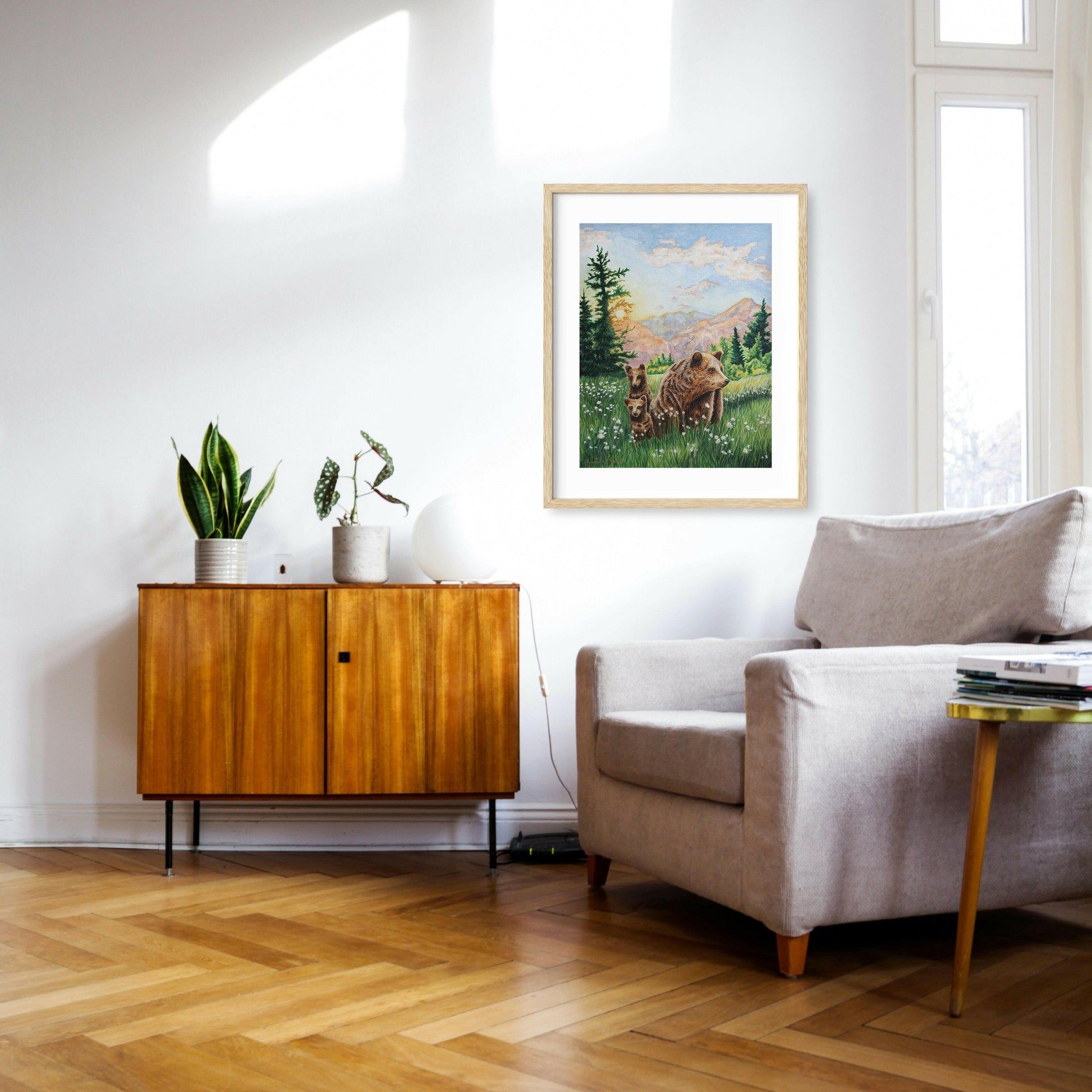 Grizzly Bear Animal Watercolor Meadow "Mountain Echoes" Wall Art Prints By Sarah Webster Smith